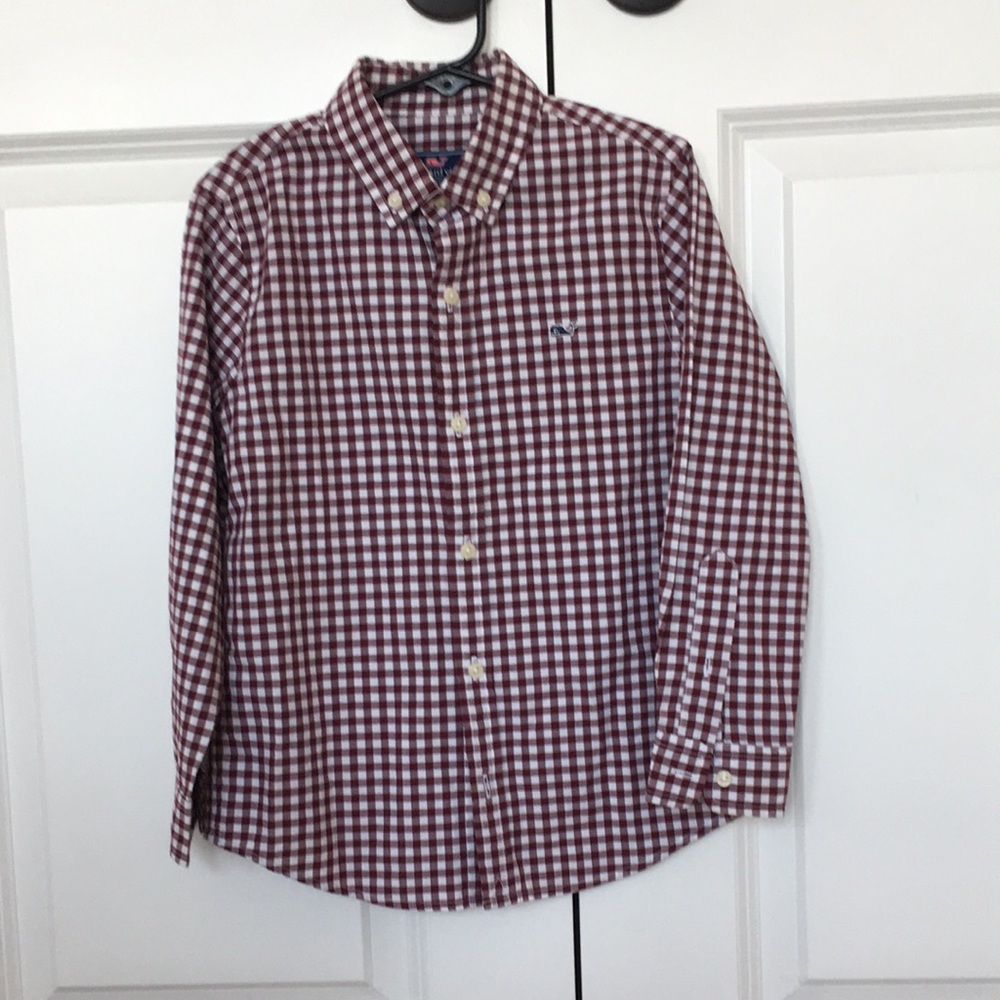 Vineyard Vines Boys Burgundy and White Gingham Check Button Down Shirt Size 6